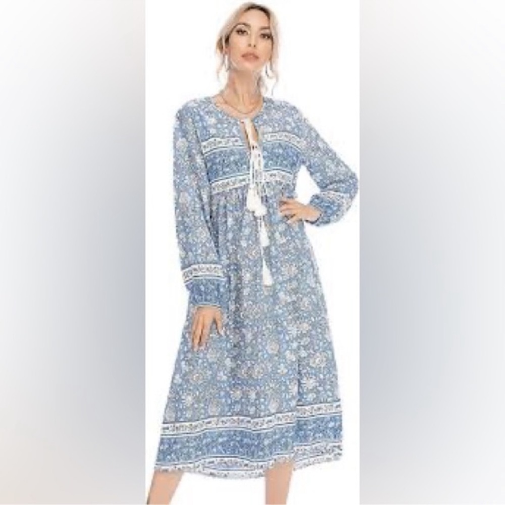 R. Vivimos Blue & White Floral Boho Print Long Sleeve V Neck with Tassels Dress